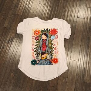 White Women's' Graphic Tee with Colorful Religious Art